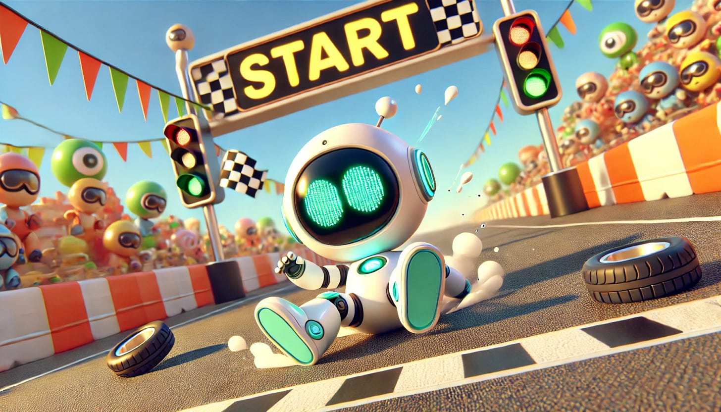 A cartoon-style depiction of a cute AI robot, falling on the ground in a humorous and exaggerated way right after a race starts. The scene is colorful and playful, emphasizing the robot’s comical mishap