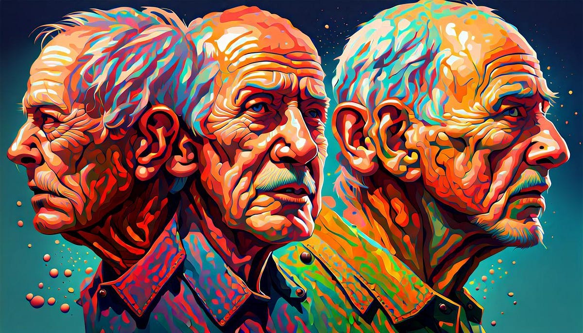 Three different views of old man, head and shoulders view Three different views of old man, head and shoulders view