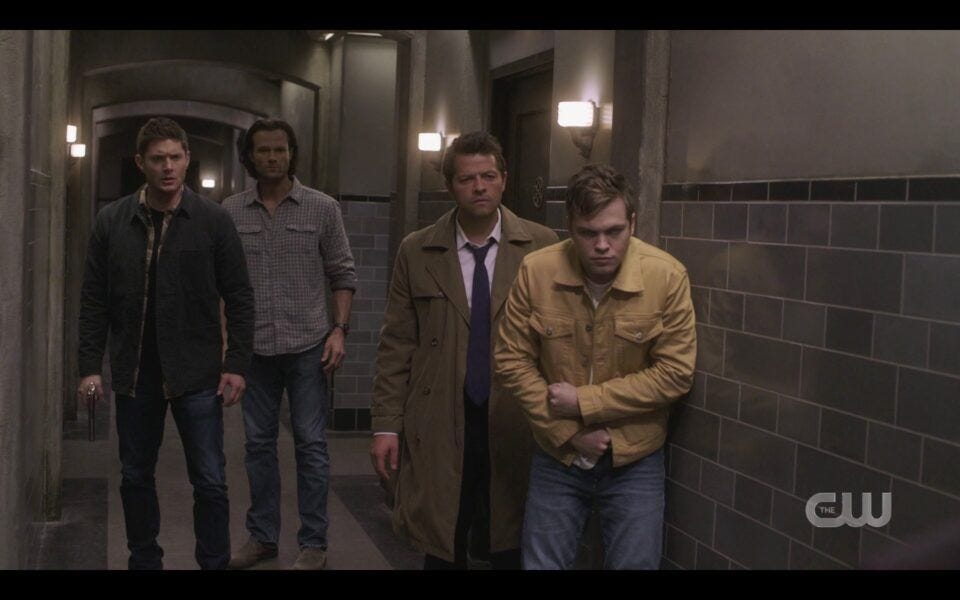 SPN Chuck bursts through wall as Winchester Castiel take Jack Unity