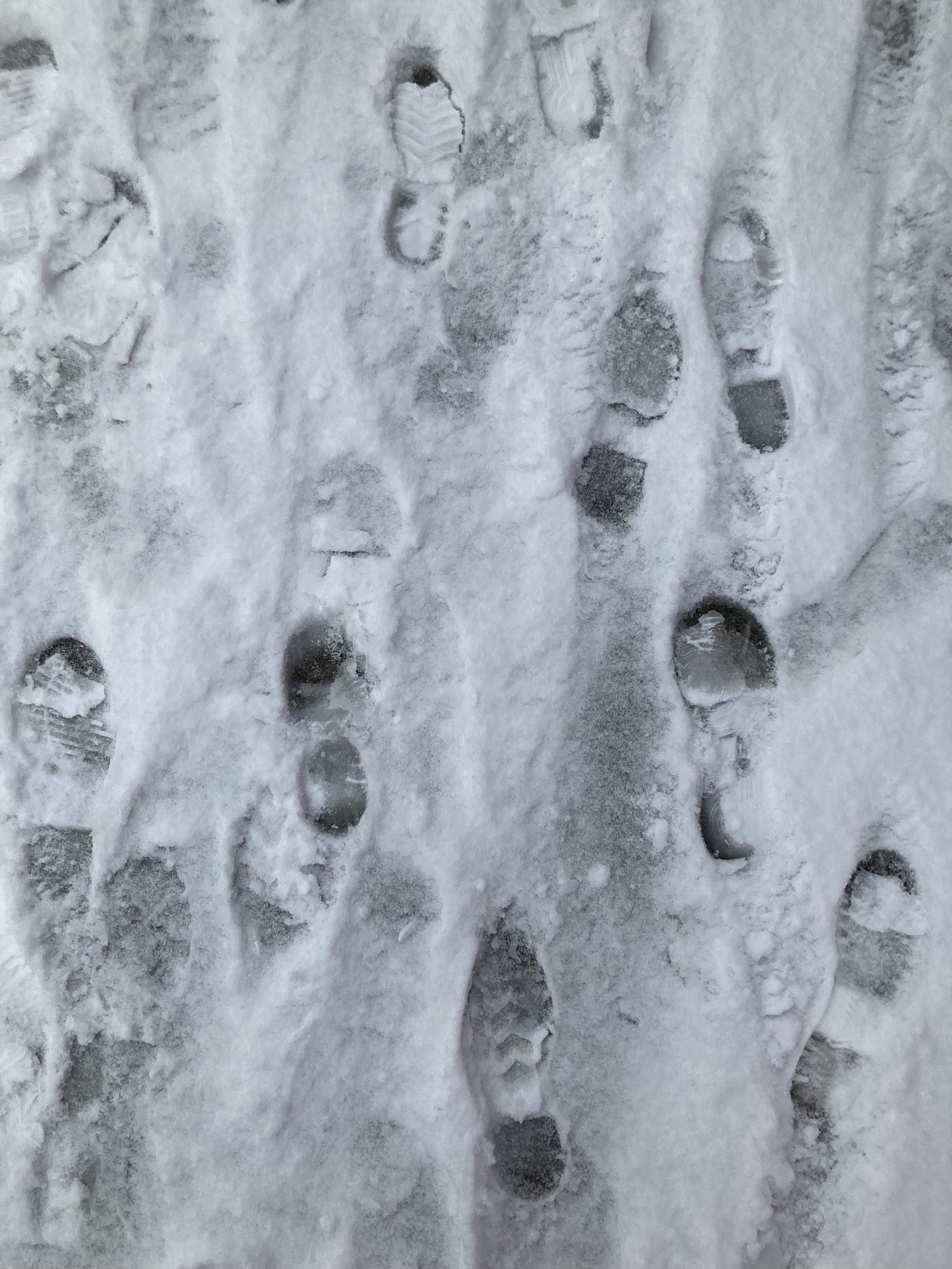 footprints left in a thin layer of snow on a sidewalk