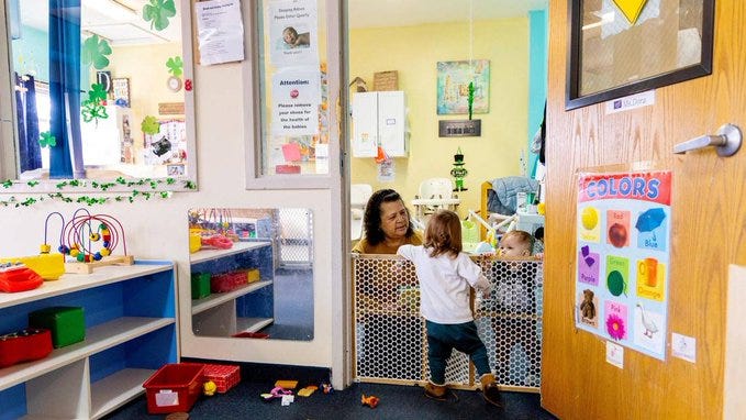 Dora Rodriguez interacts with a child in the older children’s room while she tends with the youngest children in a separate room at Giraffe Laugh 2, a child care center in Boise that serves kids from six weeks old to age five, Tuesday, March 7, 2023. Rodriguez has been teaching at the center on Grand Avenue since its opening 18 years ago.