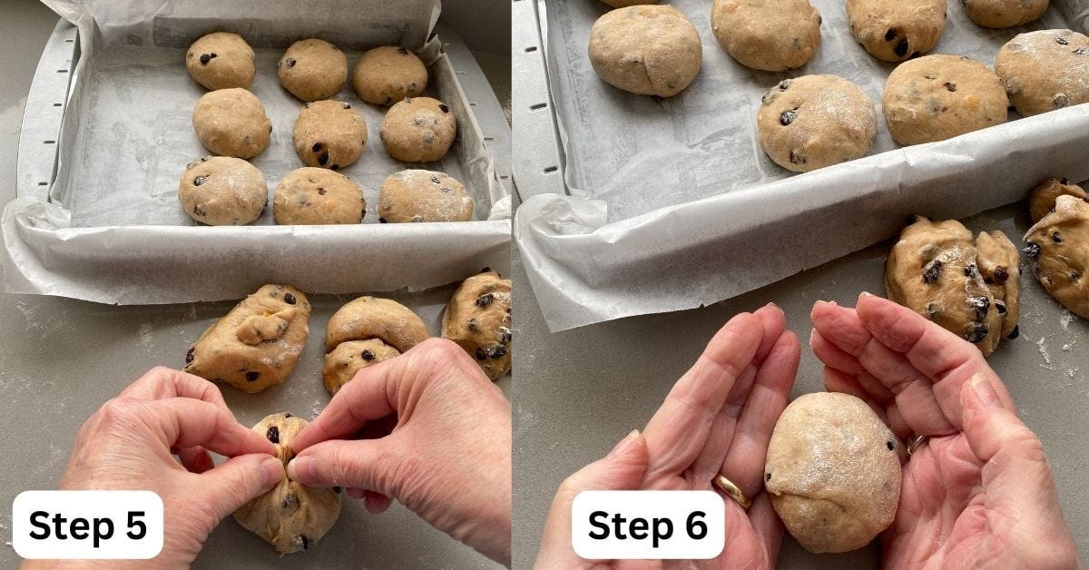 Hot Cross Buns on a baking tray.