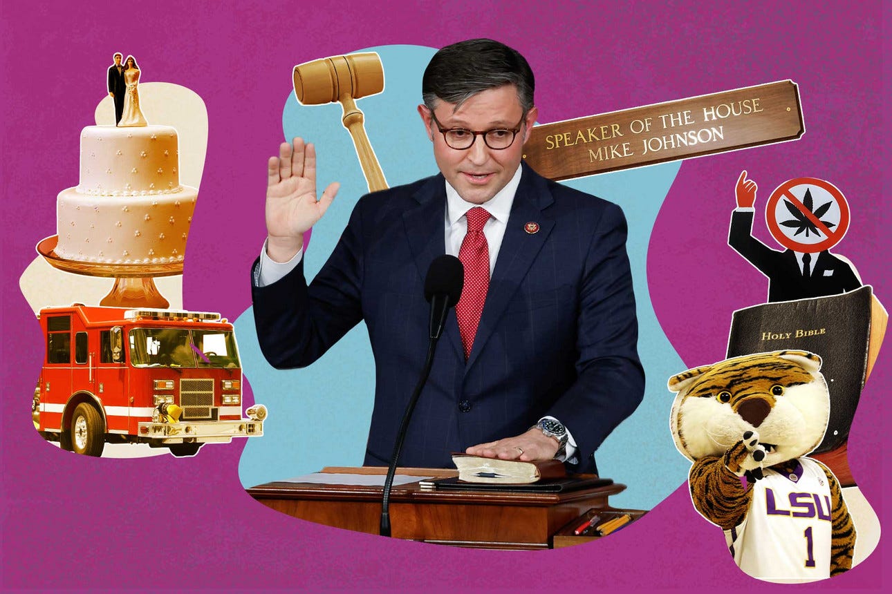 Photo collage of Mike Johnson surrounded by (clockwise): a fire truck, a wedding cake, a gavel, the speaker of the house sign, an anti weed poster, the bible, and the LSU mascot. 