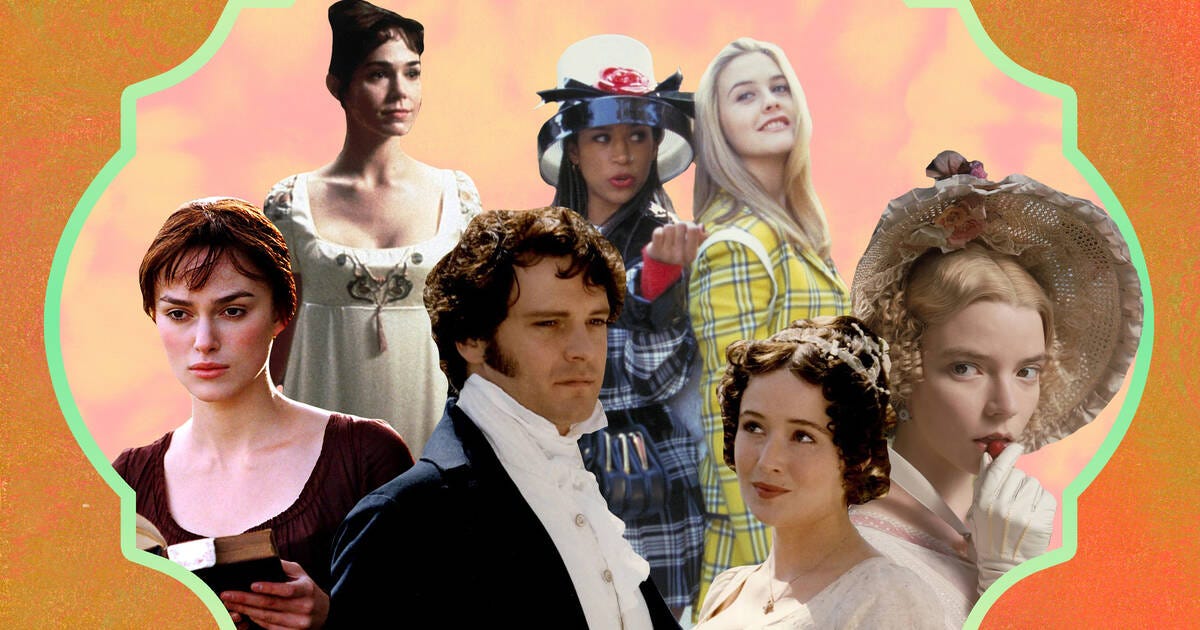 Collage of characters from Jane Austen film adaptations.