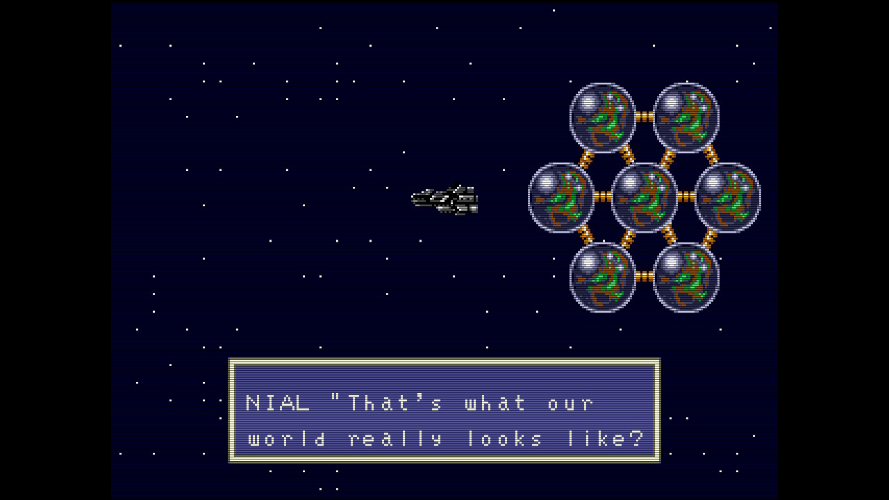 A screenshot of a spaceship, the Alis III, out in space, with a view of the spaceship the game takes place on. Nial is saying, "That's what our world really looks like?"