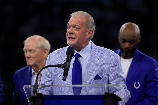 Indianapolis Colts Owner Jim Irsay speaks during the Indianapolis Colts Ring of Honor ceremony for Tarik Glenn during halftime of a game against the...