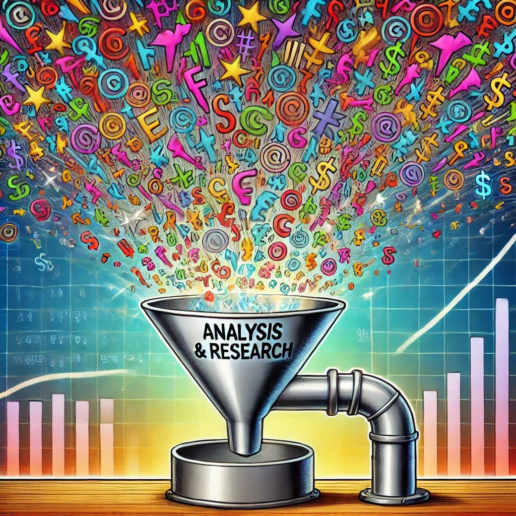 A single-panel comic depicting the process of hundreds of colorful stock ticker symbols swirling above, being funneled into a large metallic funnel labeled 'Analysis & Research.' The bottom of the funnel produces a single, gleaming gem, symbolizing 'The Hidden Gem Found.' The background includes subtle financial graphs and symbols to enhance the financial theme. The composition should show the entire process in one clear scene with expressive labels and dynamic movement to emphasize the transformation from market chaos to valuable discovery.