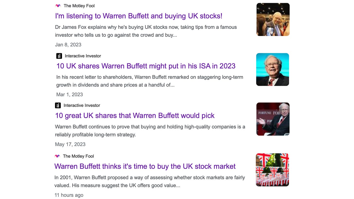 Screenshot showing news related to Warren Buffett buying UK stocks