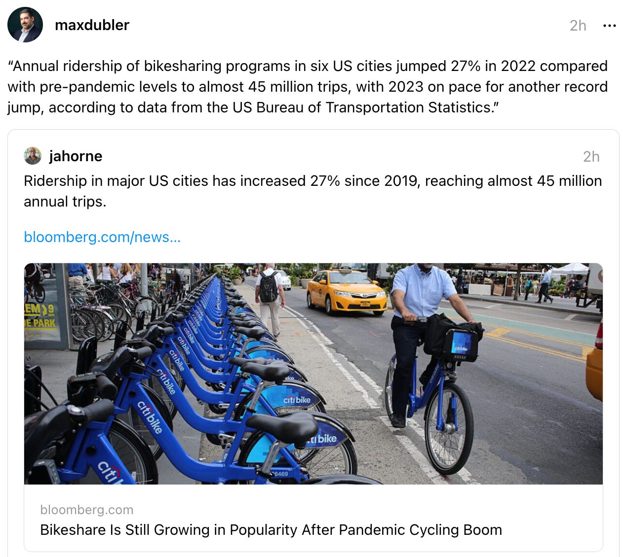 maxdubler 2h “Annual ridership of bikesharing programs in six US cities jumped 27% in 2022 compared with pre-pandemic levels to almost 45 million trips, with 2023 on pace for another record jump, according to data from the US Bureau of Transportation Statistics.”