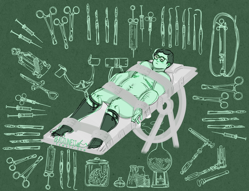 Digital art. A slightly embarrassed, disgruntled-looking boy, wearing only glasses and garter socks, strapped down to a Frankenstein slab. Cute and fat, with a hint of top surgery scars. Surrounded by a decorative border of alarming-looking antique medical and embalming-related instruments. The whole image is in various shades of green.