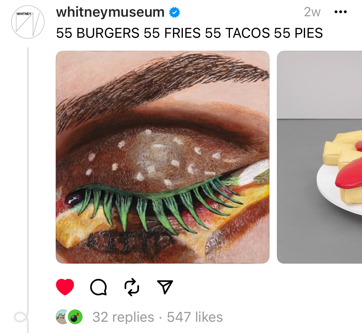 Post that referenced a meme that says "55 BURGERS 55 FRIES 55 TACOS 55 PIES" with art that looks like each of those things.
