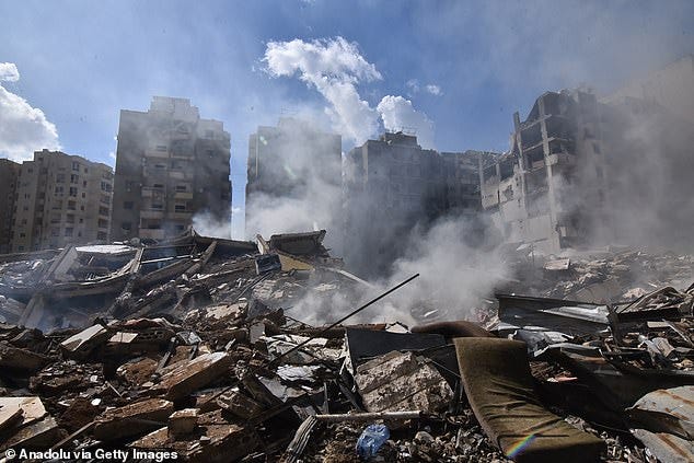 A view of damaged buildings following Israeli attacks on Laylaki and Haret Hireyk neighborhood of Dahieh region in Beirut, Lebanon on October 1, 2024