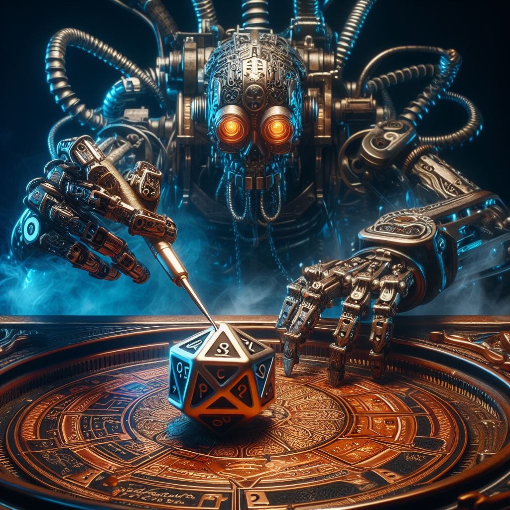 a mechanical dungeon master rolling a d20