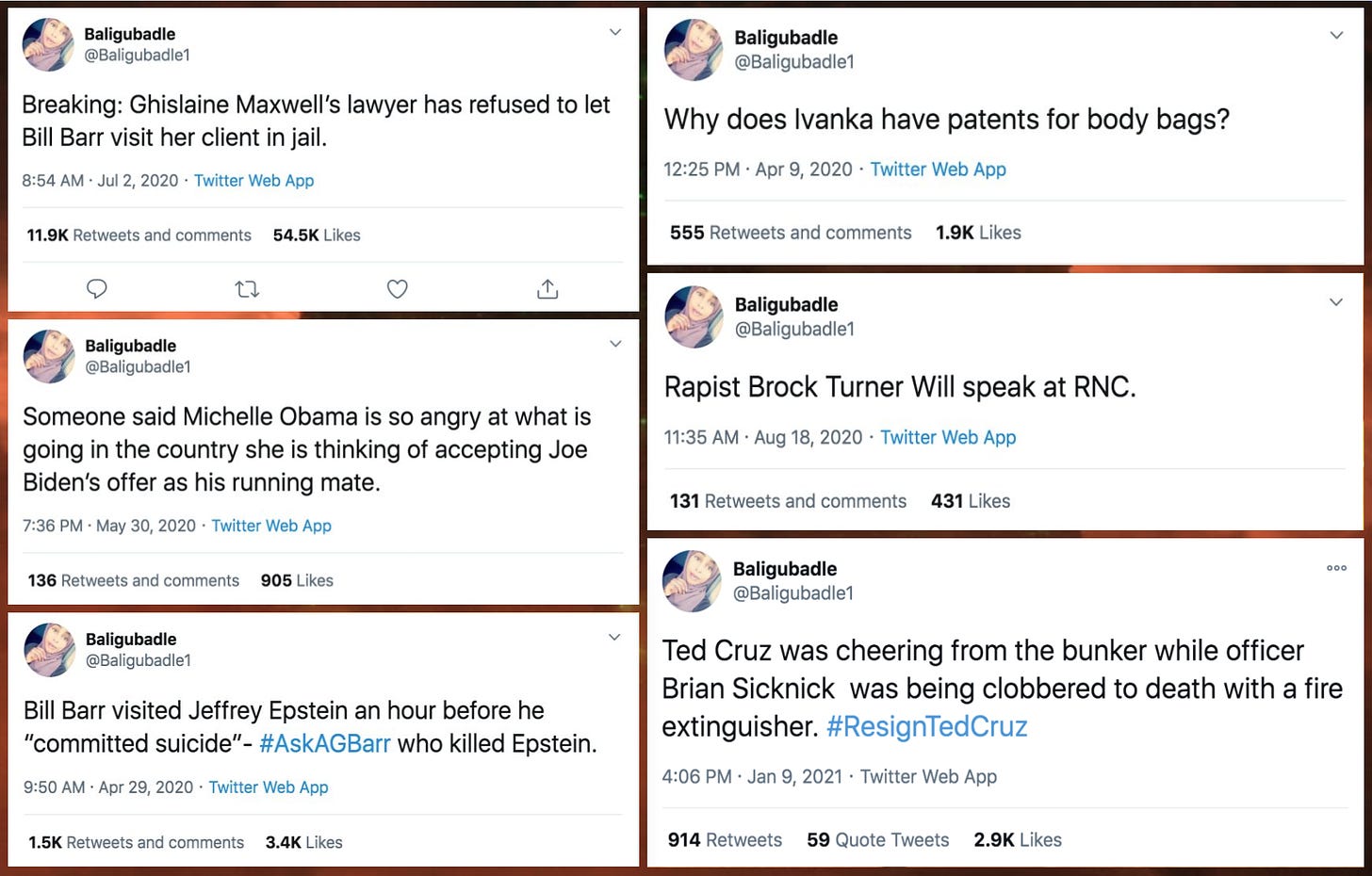 collage of misleading viral tweets from @baligubadle1