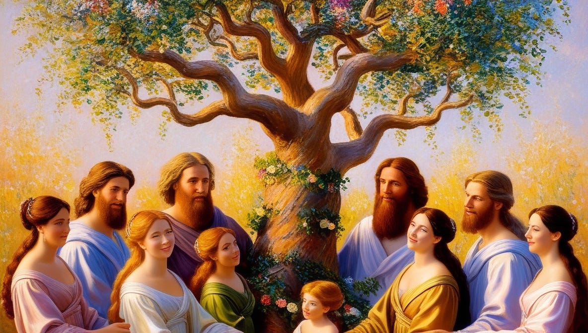 A vibrant, Impressionist oil painting in the style of Claude Monet, depicting the world's first family tree as described in Genesis 10, set against a warm, sunny backdrop with soft, feathery brushstrokes and vivid, dreamy colors. The tree's gnarled branches stretch upwards, adorned with lush green leaves and vibrant flowers, serving as a symbol of life and unity. At the base of the tree, the figures of Noah, his three sons, and their wives gather together, their faces gentle and kind, with warm skin tones ranging from olive to golden brown. Shem, Ham, and Japheth stand tall, their features distinct yet harmonious, with Shem's nose slightly more angular, Ham's eyes a deeper brown, and Japheth's hair a rich, dark blond. The women, arrayed in flowing, elegant robes, surround the men, their faces radiant with joy and contentment. The entire scene is bathed in a soft, golden light, evoking a sense of peace and harmony.