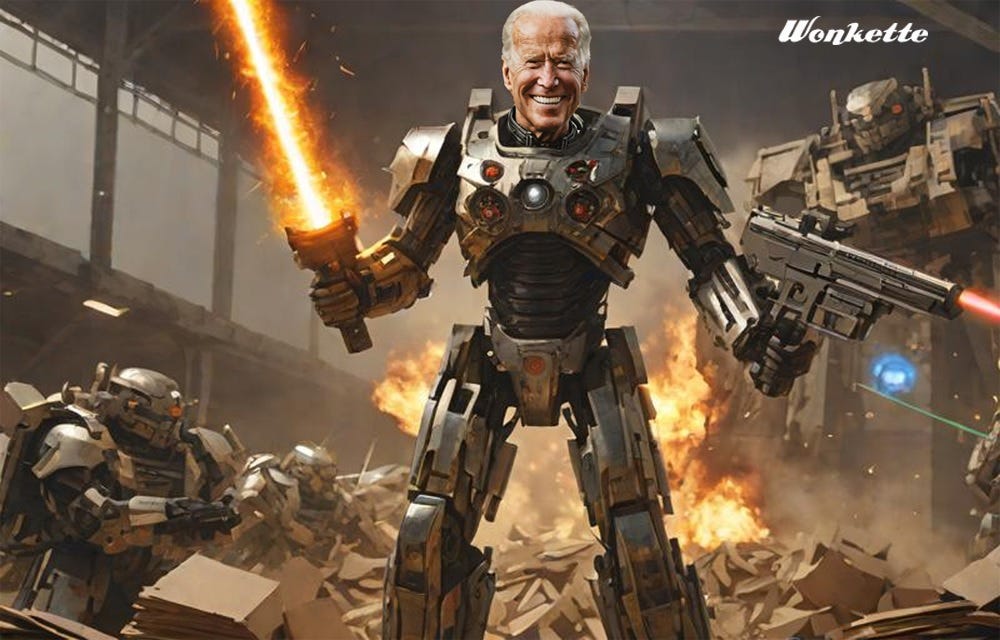 AI image of Joe Biden as a huge robot with a flaming laser sword in one hand, a laser gun in the other, as robots pile up student loan paperwork to burn in a warehouse