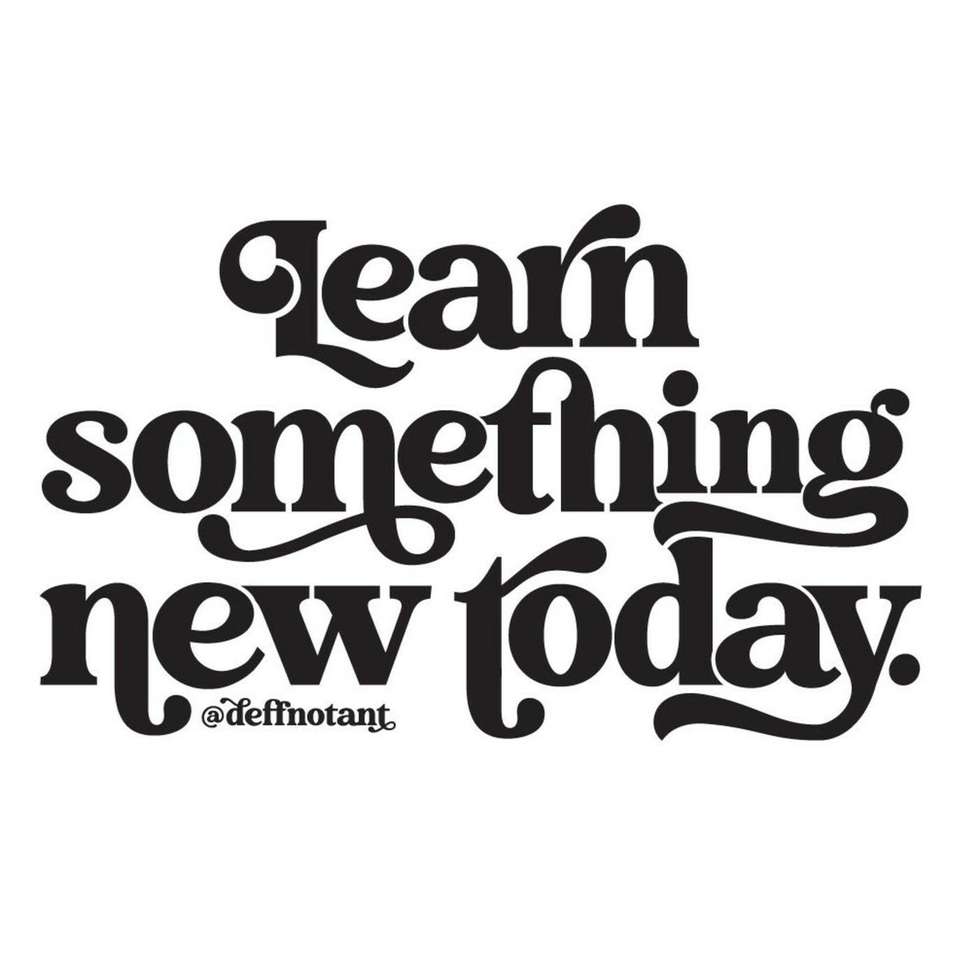 The image features bold, stylized black text on a white background that reads Learn Something New Today. The text is in a decorative font with playful curves and varying thickness. Below the main phrase, in smaller text, is the handle @deffinotant, also in black. The overall design is simple yet eye-catching, focusing on the typography.