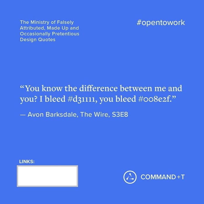 A Daily “Open to work” post which has a false quote about “I bleed #d31111, you bleed ##008e2f”, links to his portfolio, and some minor design spacing/WCAG improvements in the post