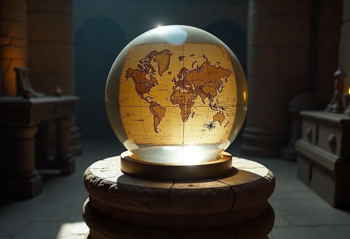 A flat ancient map, intricately drawn with compass roses, lodged inside a clear sphere resting on a stone pedestal in a dimly lit room filled with ancient artifacts.