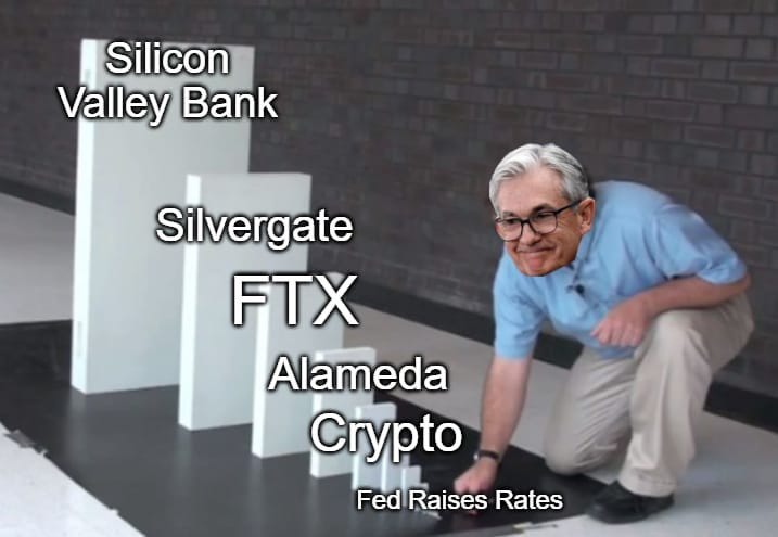A meme suggesting the Federal Reserve caused cascading events which led to the collapse of Silicon Valley Bank - The Gambit