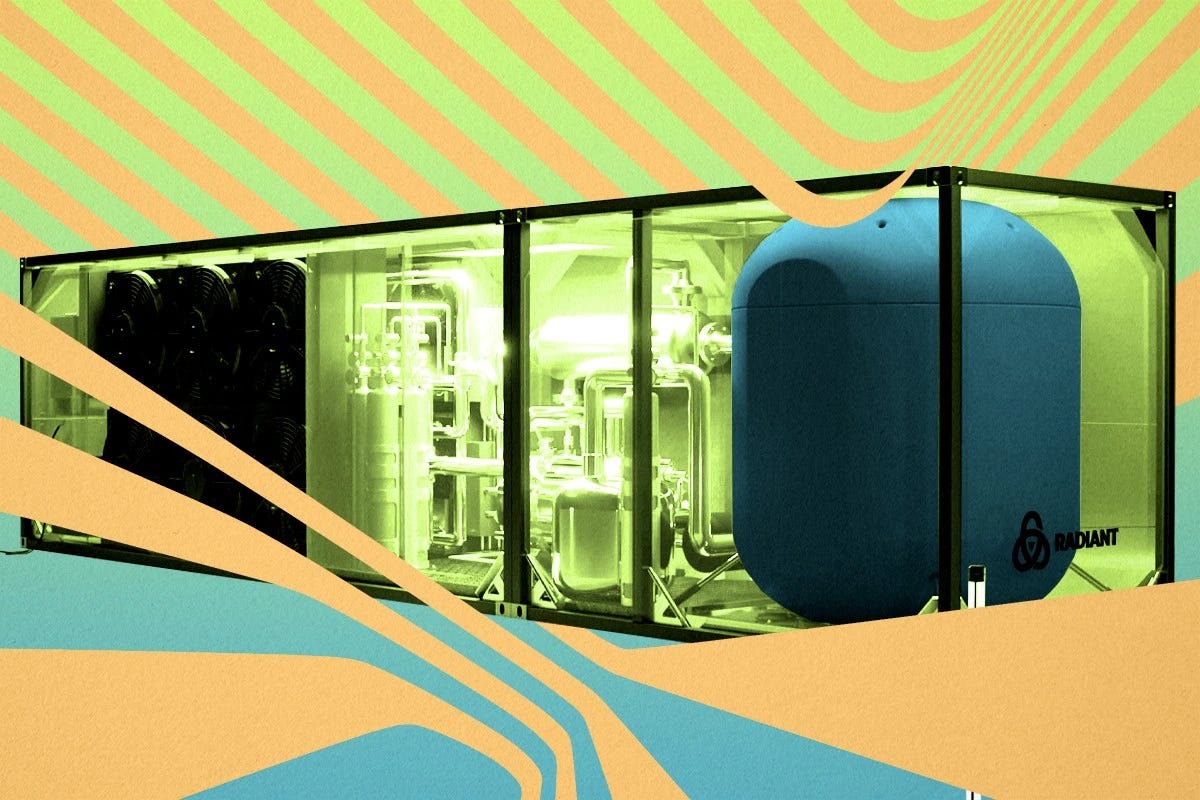 A stylised illustration of a nuclear microreactor, which looks to be about the size of a large suitcase in a shipping container-sized tank.