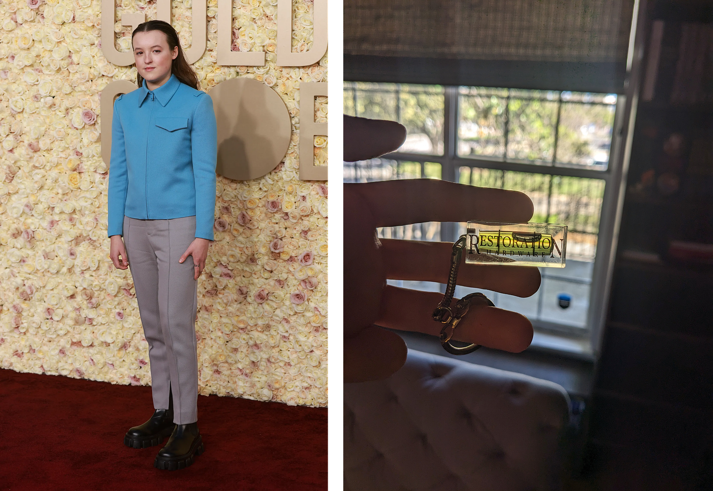 Left: Bella Ramsey in basically khakis and a blue uniform shirt. Right: A tiny level on a chain.