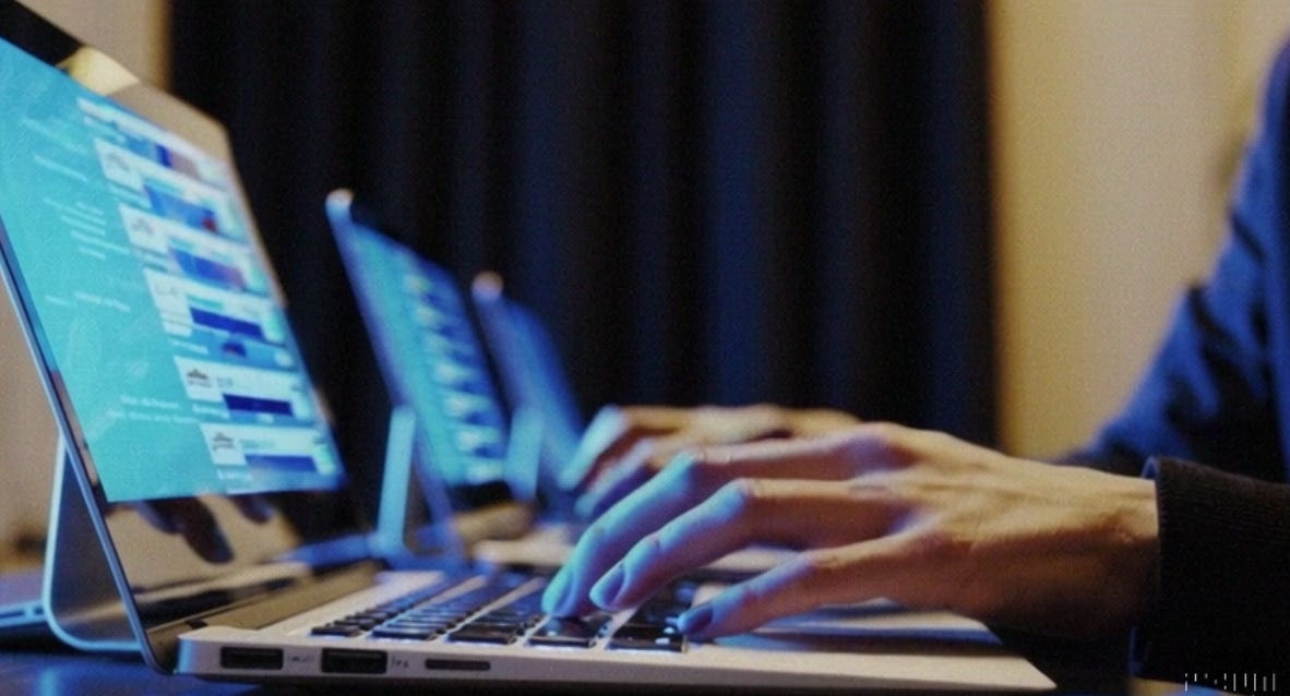Close-up of hands typing on a laptop, with multiple screens displaying data or registration information in the background.