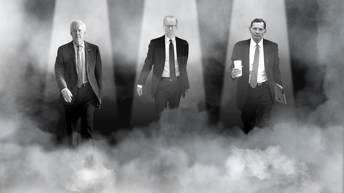 Photo illustration of senators John Thune, John Barrasso and John Cornyn emerging from a foggy background. 