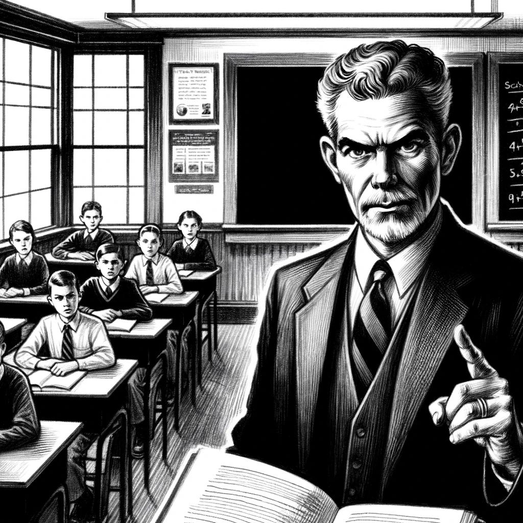 A black and white drawing depicting a teacher in a classroom setting, displaying a strict demeanor while pointing at a blackboard with a stern expression. The classroom is filled with attentive students sitting at desks, looking towards the teacher. The blackboard is filled with educational content, and the room has educational posters on the walls. The style is realistic, focusing on the intensity of the teacher's expression and the attentive posture of the students, conveying a sense of discipline and authority in an educational context.