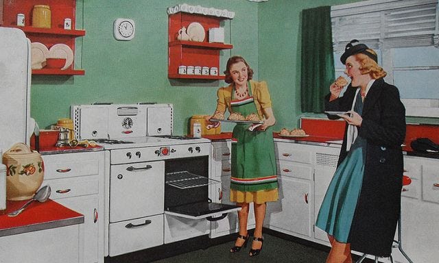 1940s Kitchen Ladies Illustration Vintage Advertisement Baking Goods  Americana Women | Vintage house, 1940s kitchen, Red and white kitchen