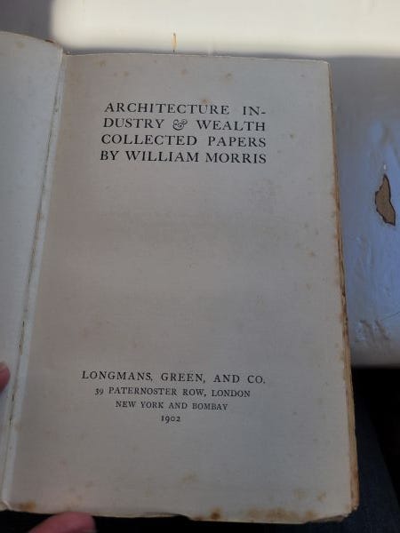 photo of frontispiece of architecture, industry and wealth by william morris, showing publication date 1902