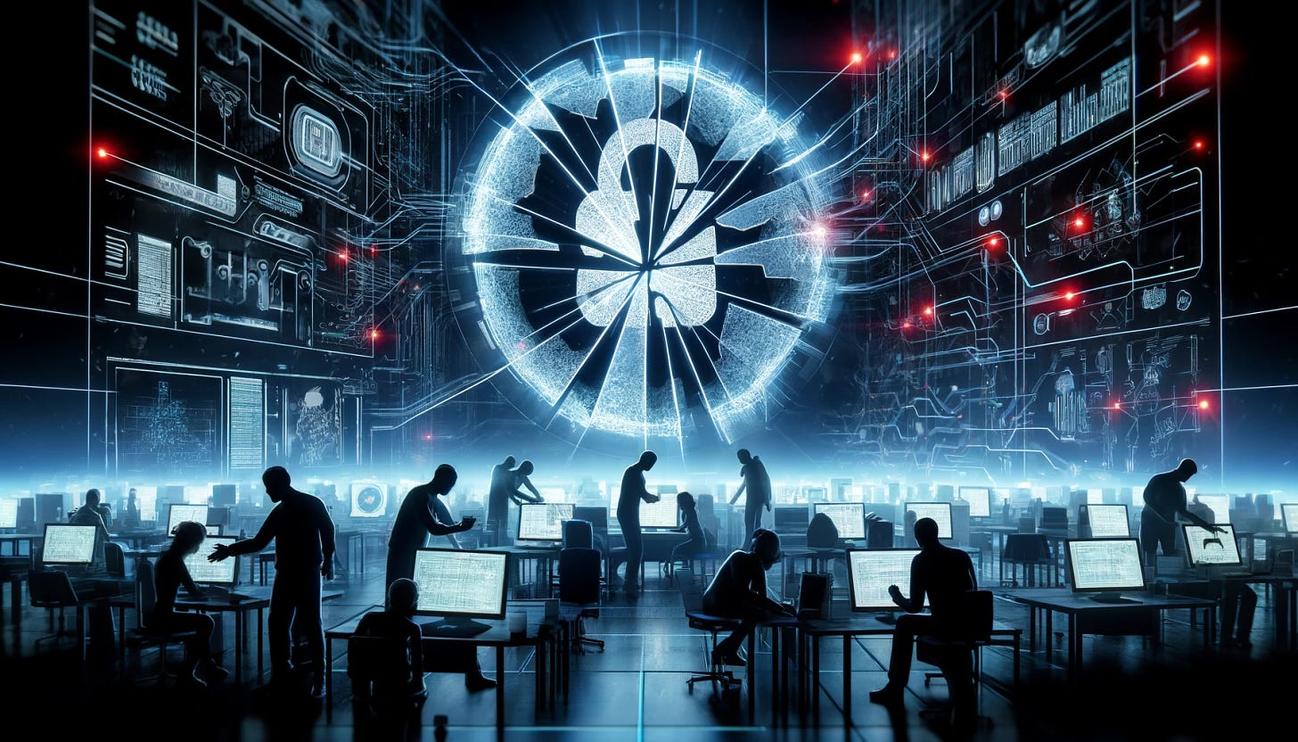 A graphic representing the Sisense data breach. The scene is set in a virtual space depicting a cracked digital interface symbolizing the breach. The background shows complex networks with data streams visibly disrupted, suggesting the compromise of sensitive information. In the foreground, figures representing cybersecurity experts from the Cybersecurity and Infrastructure Security Agency (CISA) are actively engaged, working on computers to contain the breach. The atmosphere is tense and urgent, highlighting the serious implications and swift response to the security incident.