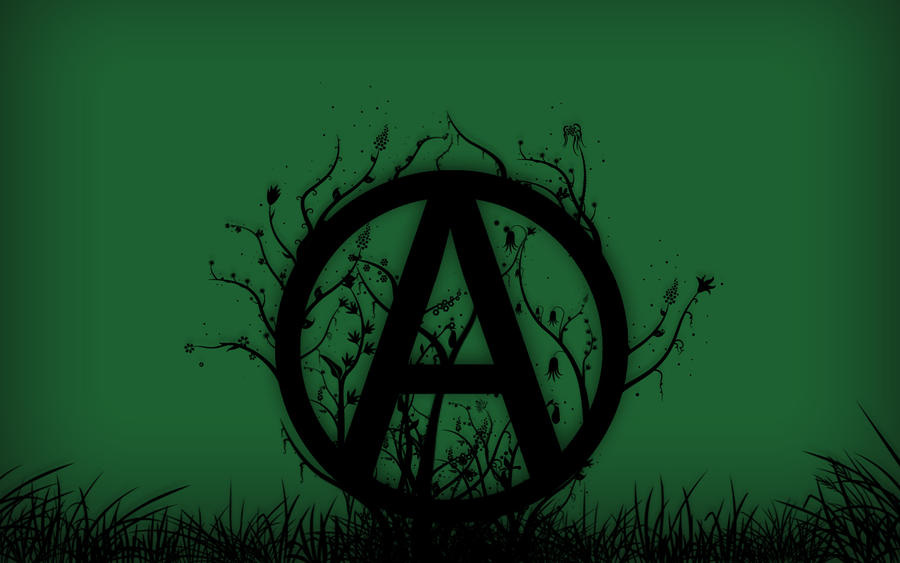 An anarchist 'A' symbol with plants vining around it on a deep green background