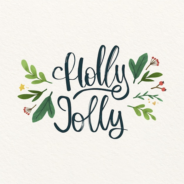 holly jolly surrounded by watercolor holly leaves and berries