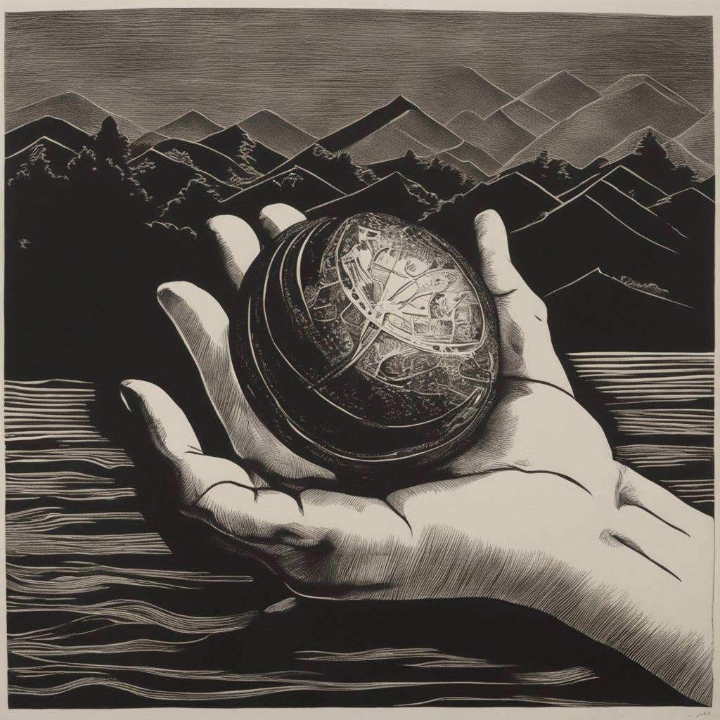 An oustretched hand holding a round stone in front of a mountainous landscape. We can learn to Hold That Thought, returning to a key word or phrase like a touchstone in the midst of mass distraction. Featured the Substack column In All Honesty by Maris Young