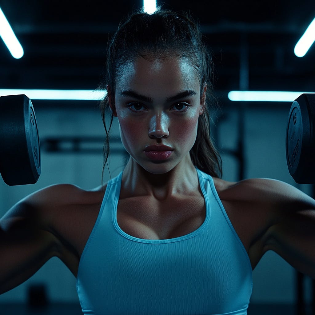 Strong, determined female athlete wearing light blue gym gear performing dumbbell shoulder presses