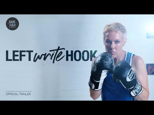 Photograph of a woman wearing boxing gloves, which appears on the cover of the Left Write Hook trailer. 