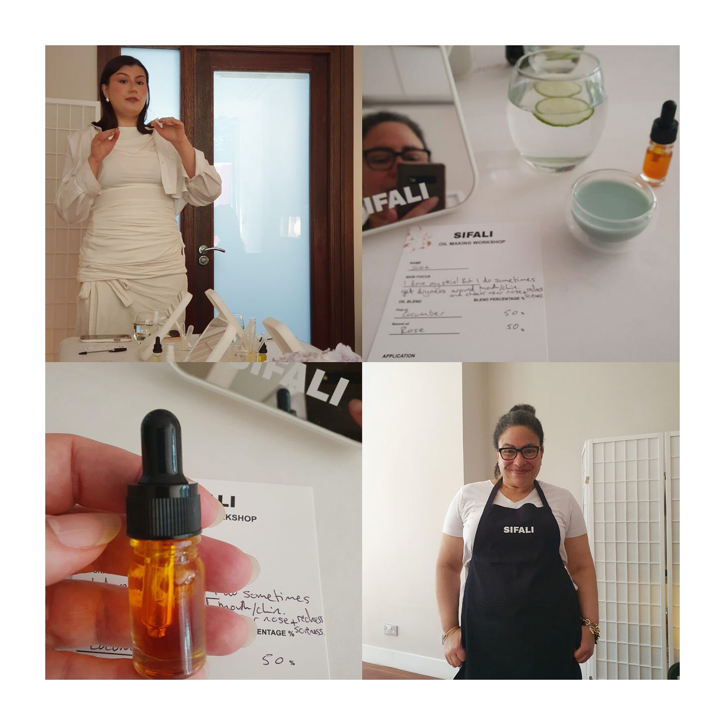 A collage of four photos featuring a woman dressed in white, a bottle of orange oil and a blue drink and a woman in a black apron.