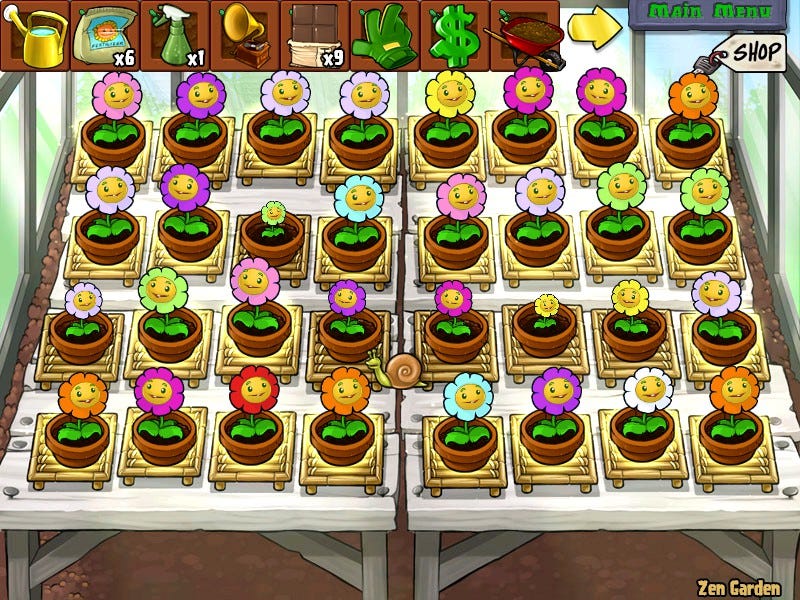 Zen Garden gameplay: 4 rows of 8 plants each, all of which are smiling flowers.