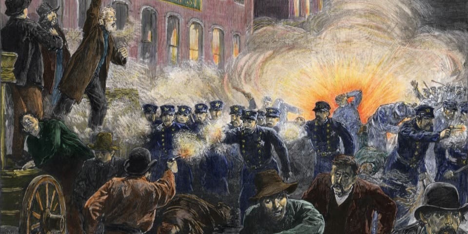 Engraving of a scene from the Haymarket Riot. (Credit: Stock Montage/Getty Images)