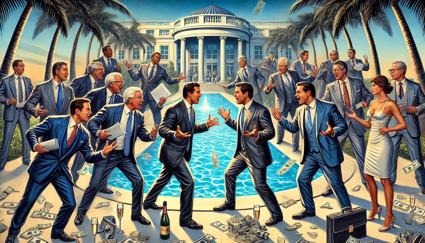 An illustration depicting Wall Street executives in sharp suits and ties engaged in a heated argument with politicians in formal business attire at a luxurious tropical resort. The scene is set with a backdrop of palm trees, a shimmering blue pool, and a grand resort building. The individuals are gesturing animatedly, pointing fingers, and waving documents. Scattered items like champagne glasses and briefcases add to the tension. The atmosphere is intense but non-violent, emphasizing a dramatic and confrontational mood in a glamorous setting.