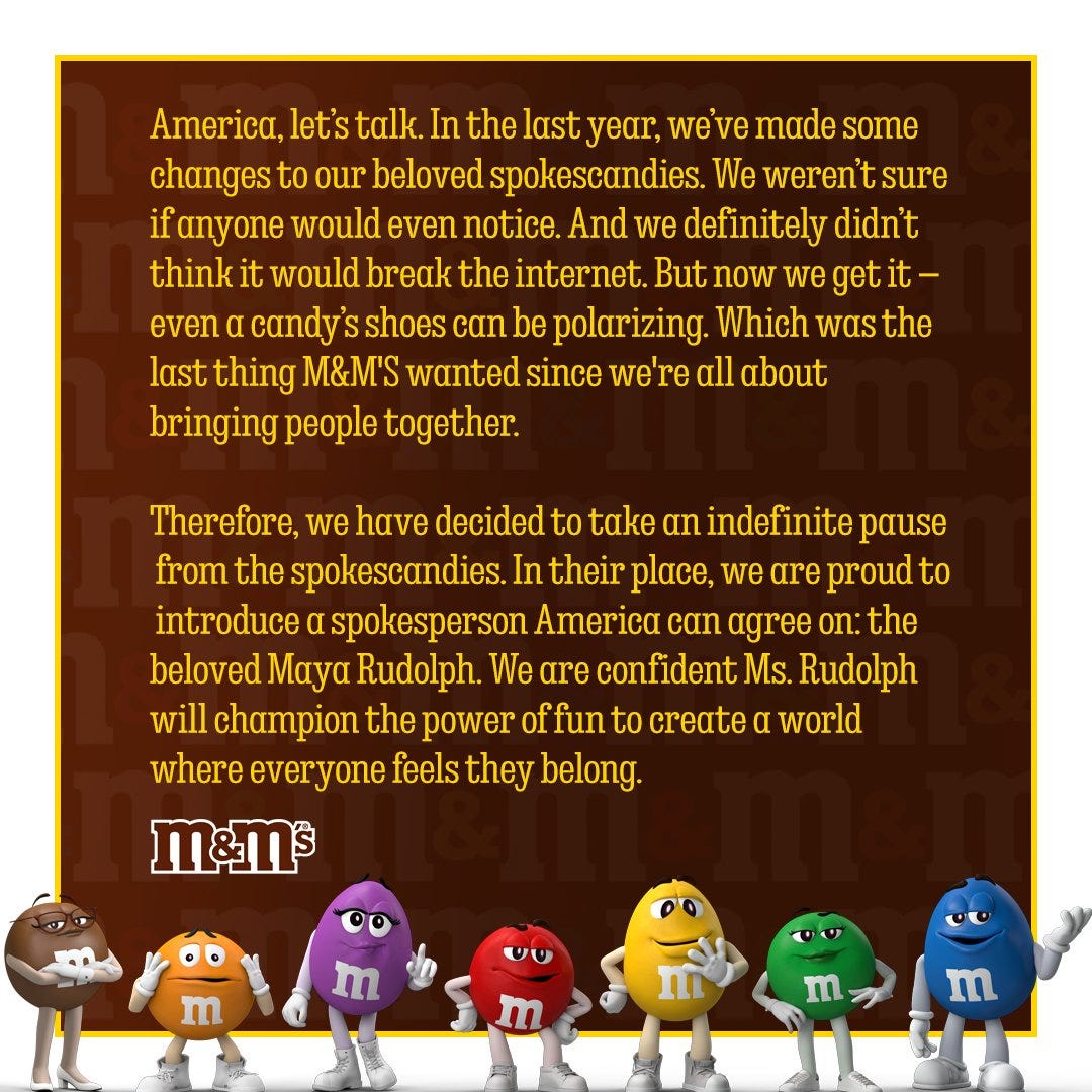 m&ms statement on getting rid of spokescandies and replacing them with maya rudolph