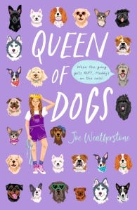 A purple cover with lots of dogs around white text that says Queen of Dogs with a young girl in overalls and a crown, with brown hair leaning against the D. 