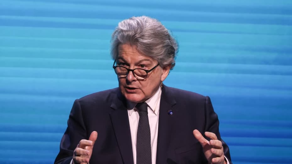 Thierry Breton, internal market commissioner for the European Union, delivers a keynote at Mobile World Congress in Barcelona.