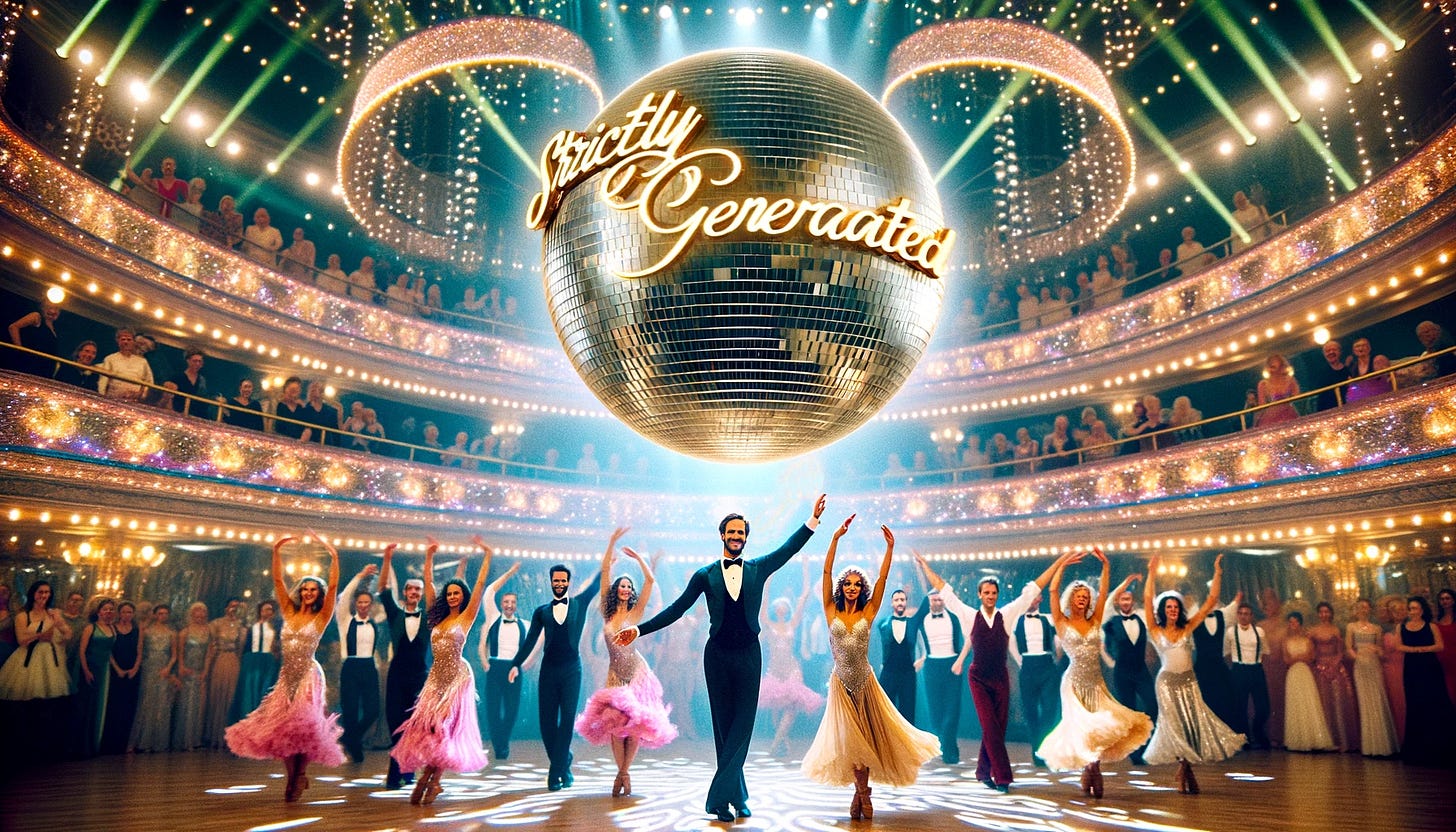Ballroom dancers under a giant glitter ball labelled ‘Strictly Generated’. Image generated using DALL-E 3