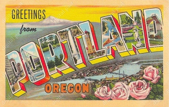 PORTLAND Oregon Big Letters Vintage Postcard - INSTANT DOWNLOAD - retro  postcard image, art deco, greetings from portland. 1930s 1940s