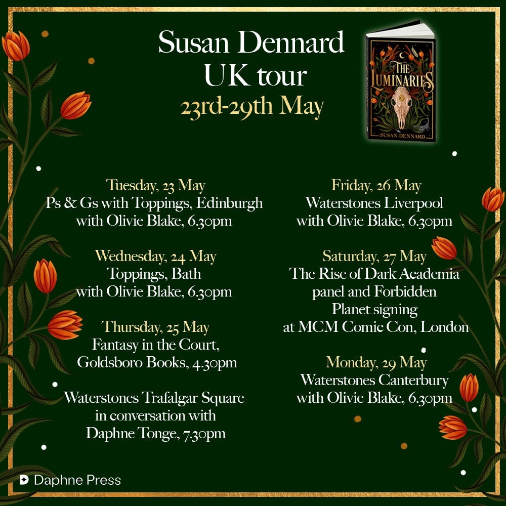 A graphic of Susan's tour dates, which are also shared below the image