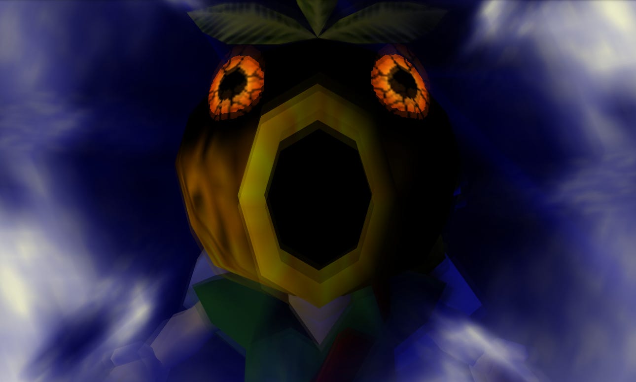 Still from Majora's Mask of Link's transformation after putting on the Deku mask