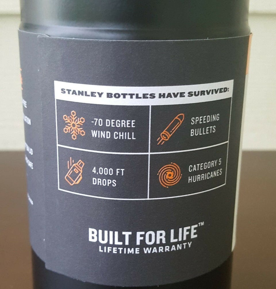 r/CrappyDesign - STANLEY BOTTLES HAVE SURVIVED: -70 DEGREE Co WIND CHILL SPEEDING BULLETS 4,000 FT CATEGORY 5 DROPS HURRICANES BUILT FOR LIFE" LIFETIME WARRANTY