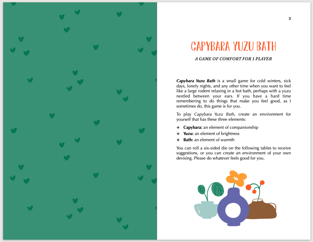 Page spread of my game Capybara Yuzu Bath. The left page has a green leafy pattern; the right page shows the introduction to the game.